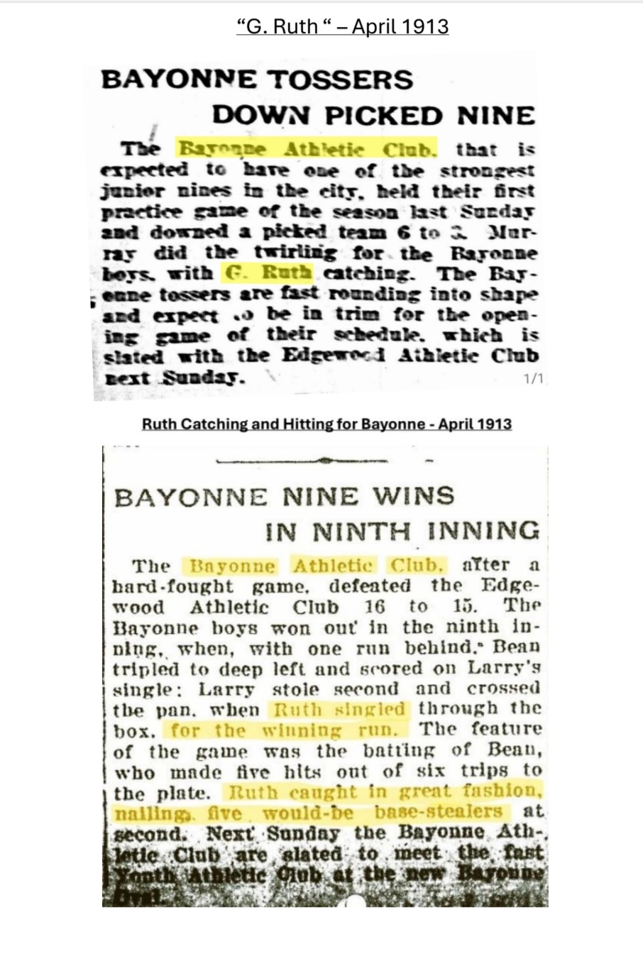 April 1913 Bayonne clippings